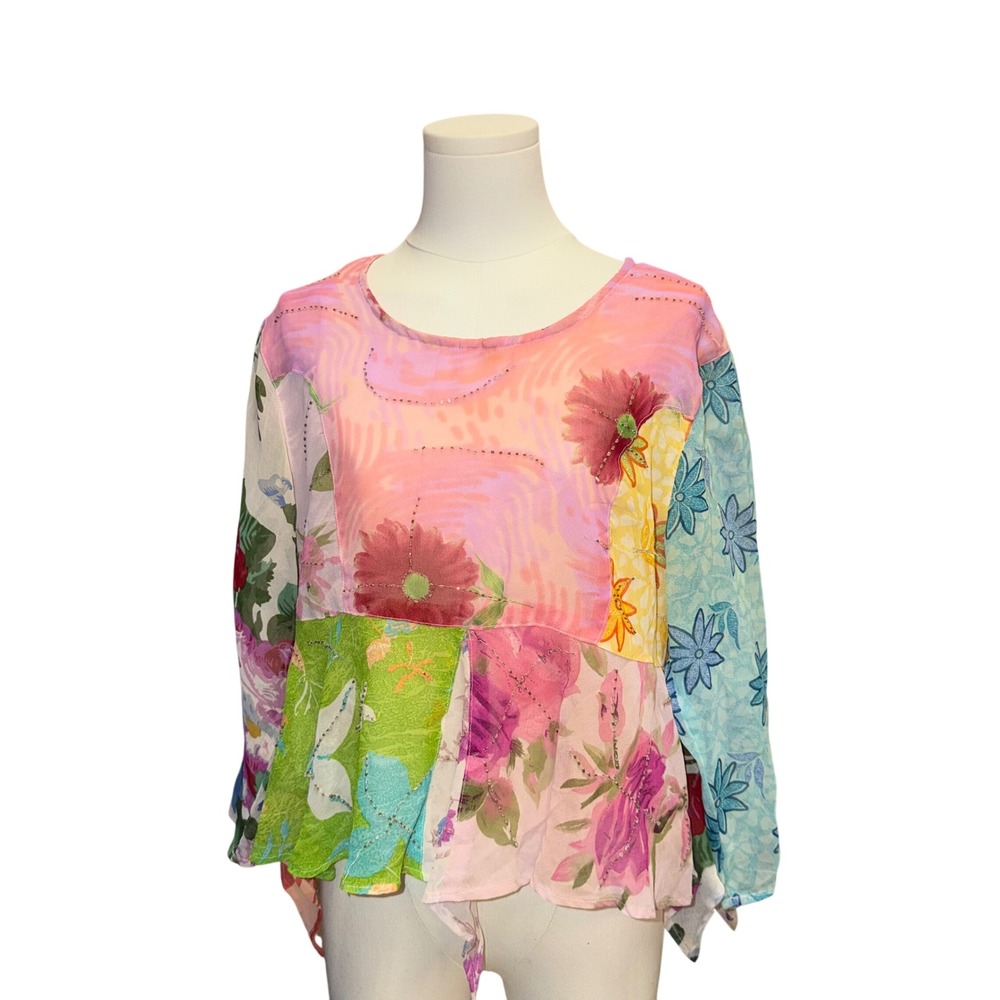 Sacred Threads Patchwork Blouse Womens Medium Multicolor Good Beaded Floral Boho